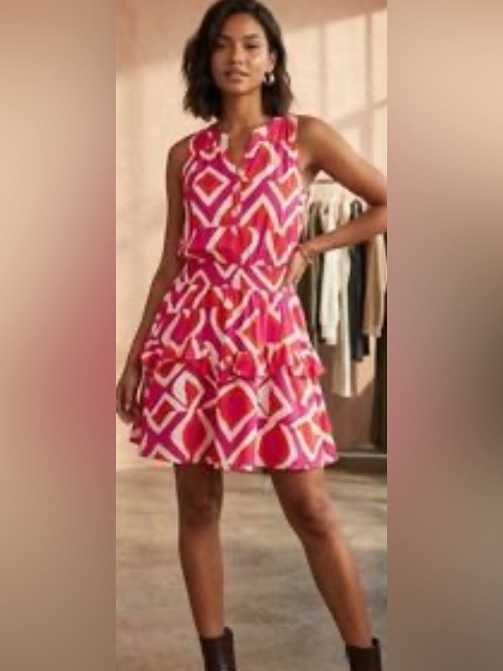 Geometric Print Sleeveless Pink Tiered Mini Dress